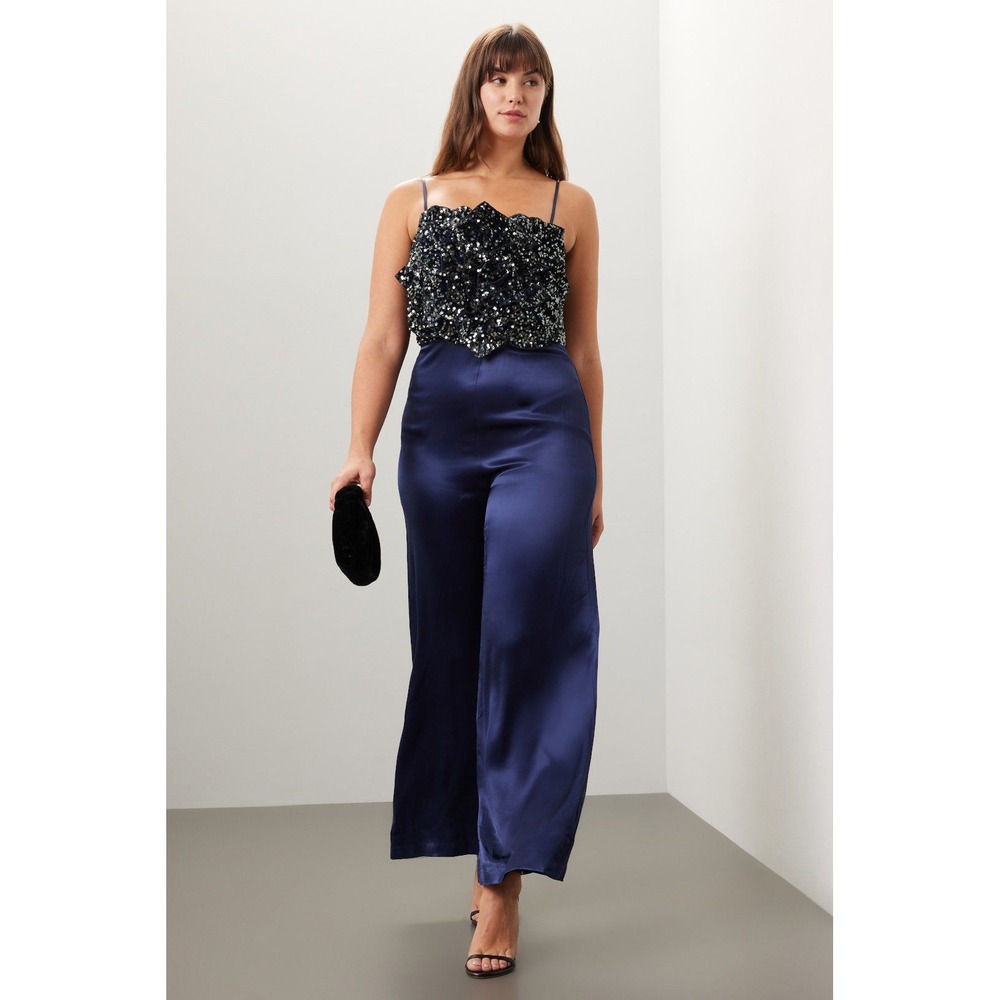 Badgley Mischka Size 14 Navy Sequin Floral Bodice Satin Wide Leg Jumpsuit